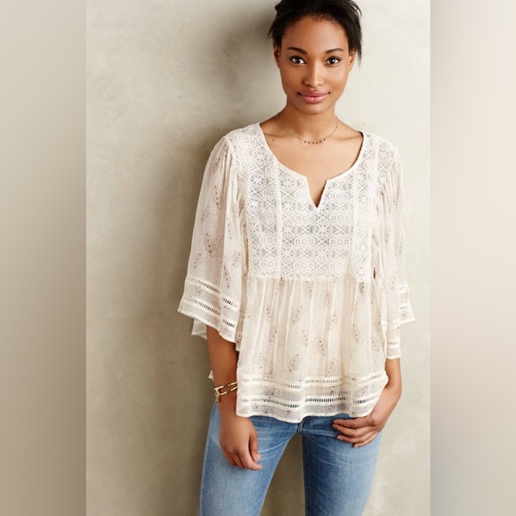 Anthro Meadow Rue Silk Crochet Lace Peasant Prairie Flutter Sleeve Blouse - Picture 2 of 7
